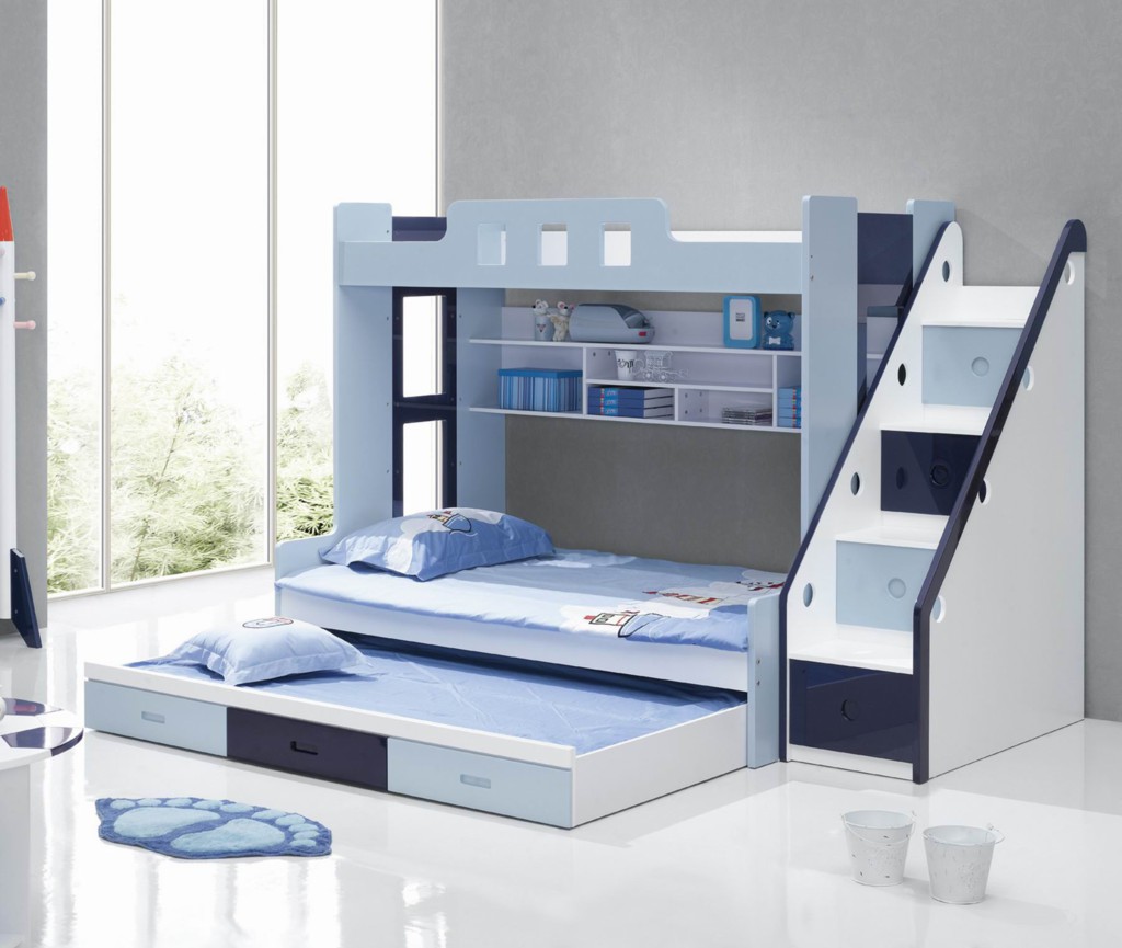 Bunk Bed Stairs Blue Bunk Bed With Modern Stairs Drawers And White Bookshelf Close To Glass Windows On White Polished Floor In Kids Bedroom Bedroom 19 Alluring Modern Bunk Beds For Kids With New Attractive Style