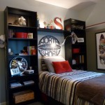 Lighting And Shelving Dim Lighting And Dark Wooden Shelving Units Plus Brown Striped Bedding Set In Boy Bedroom Idea Bedroom Amazing Bedroom Ideas For Cool Boy