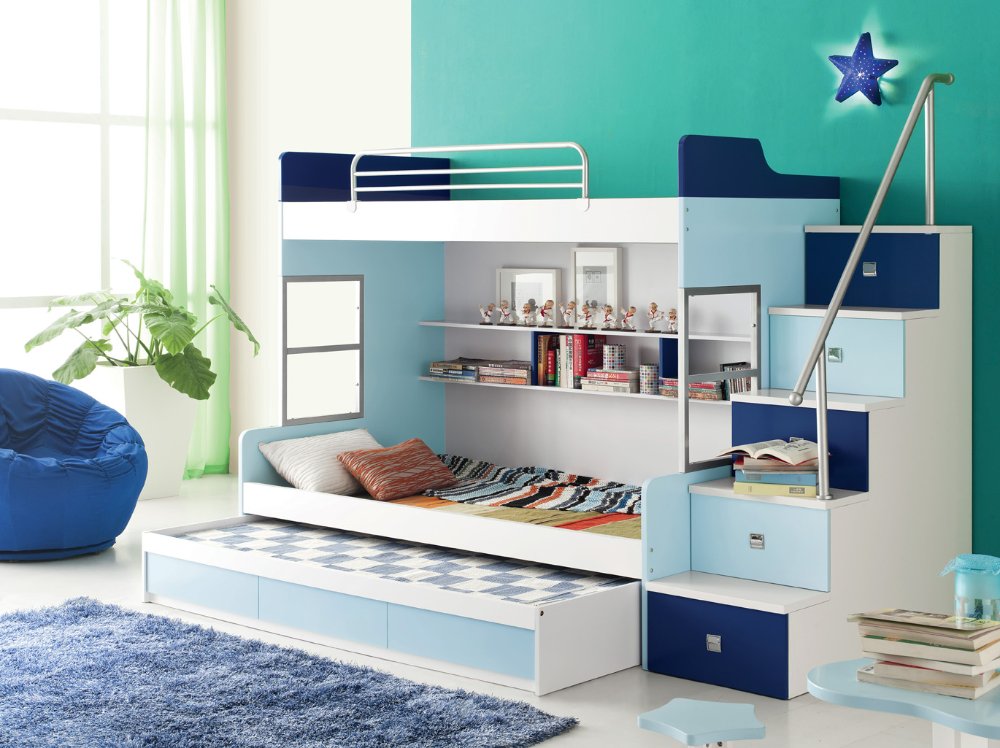 Kids Bedroom Blue Inspiring Kids Bedroom Design With Blue Modern Bunk Bed Also Star Wall Light On Turquoise Wall Plus Grey Fur Rug On White Polished Floor Bedroom 19 Alluring Modern Bunk Beds For Kids With New Attractive Style