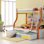 Bunk Bed Orange Modern Bunk Bed Design With Orange Pillars And Colorful Striped Sheet Also Decorative Dolls With Transparent Swivel Chair In Front Of Green Desk In Kids Bedroom Bedroom 19 Alluring Modern Bunk Beds For Kids With New Attractive Style