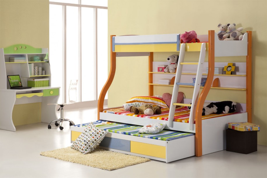 Bunk Bed Orange Modern Bunk Bed Design With Orange Pillars And Colorful Striped Sheet Also Decorative Dolls With Transparent Swivel Chair In Front Of Green Desk In Kids Bedroom Bedroom 19 Alluring Modern Bunk Beds For Kids With New Attractive Style