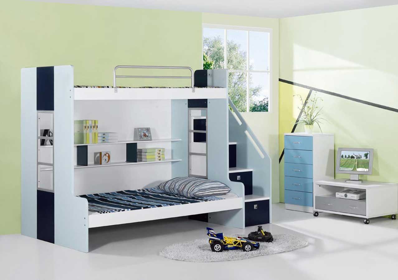 Green Bedroom Blue Soft Green Bedroom Wall With Blue And Navy Modern Bunk Bed For Kids Also Navy Blue Drawers On Staircase Plus Racing Car Toy Decoration Bedroom 19 Alluring Modern Bunk Beds For Kids With New Attractive Style