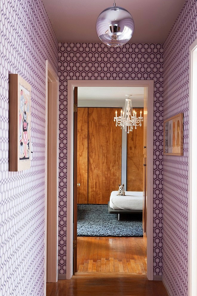 San Francisco Holiday Adorable San Francisco Midcentury Janel Holiday Interior Design With Sweet Purple Wallpaper And Ball Pendant Light In Corridor With Wall Art House Designs  Mid Century Interior Style Combined With Wooden Decoration Model 