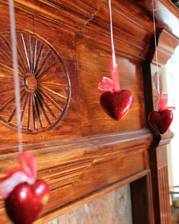 Valentines Day Idea Adorable Valentines Day Mantel Decor Idea Showing Wooden Materials Beautified With Red Colored Hanging Accessories Decoration  Valentine Day Mantel Decoration In Stylish Red Color Designs 
