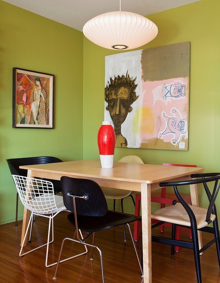 Painting Attached Wall Aesthetic Painting Attached On Green Wall In San Francisco Midcentury Janel Holiday Interior Design With Metallic Chairs And Wood Dining Table House Designs  Mid Century Interior Style Combined With Wooden Decoration Model 