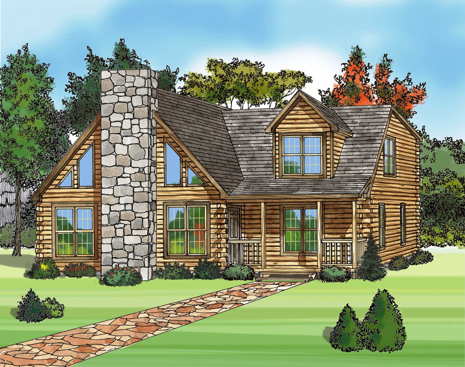 Luxury Log Front Amazing Luxury Log Home Plans Front Yard Area Finished With Lawn Area With Stone Walkway Design And Green View Architecture  Luxury Log Home Plans For Bold Natural Image 
