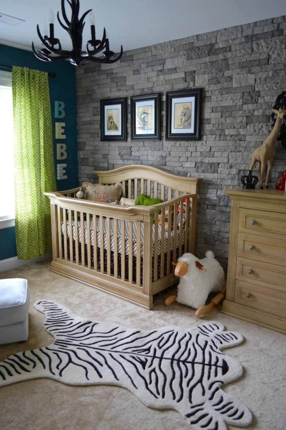 Chandelier Also Wall Antler Chandelier Also Stone Accent Wall Idea Feat Comfortable Baby Nursery Furniture And Awesome Zebra Pattern Rug Kids Room Modern And Minimalist Baby Nursery Furniture Ideas