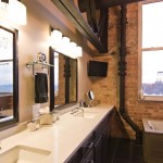 Bathroom In Loft Appealing Bathroom In West Loop Loft With GRanite Top Vanity And Woodframe Wall Mirror Also Beams Ceiling Interior Design  Rustic Interior Design Intended To Make Mild Atmosphere 