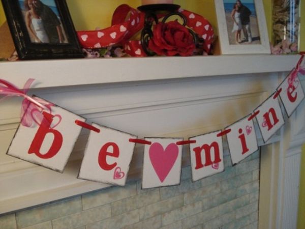 Be Mine Hanging Appealing Be Mine Message On Hanging Accessories Near Fireplace Coupled With Red White Ribbons And White Black Picture Frames Decoration  Valentine Day Mantel Decoration In Stylish Red Color Designs 