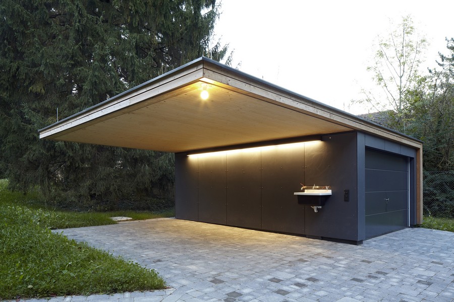 Garage And Space Appealing Garage And Open Parking Space Outside The Project Haus Hainbach Moosmann With The Green Vegetations Decoration  Fresh Open Space House With Glass And Wooden Design 
