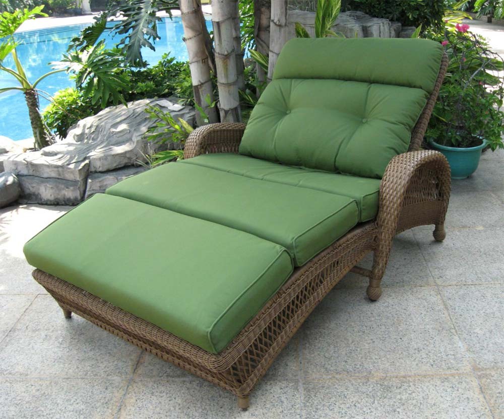 Green Lather Wicker Appealing Green Lather For Unique Wicker Outdoor Chaise Lounge On Stone Flooring In Poolside Outdoor Outdoor Chaise Lounge For Backyard Pool