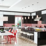 Kitchen Room With Appealing Kitchen Room Design Furnished With Sink And Faucet On Glossy Kitchen Bar Completed With White Stools On Floor Under Pendant Lamps Decoration  Exclusive Modern Glamour House With The Application Of Bold Colours 