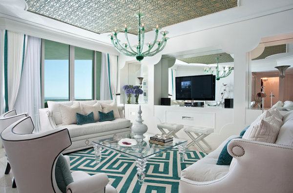 Living Room Of Appealing Living Room Interior Design Of Hollywood Regency With Geometric Rug Connecting Elegant White Seating Units With Glass Coffee Table Decoration  Accessory Ideas In Contemporary Room Concept Decoration 