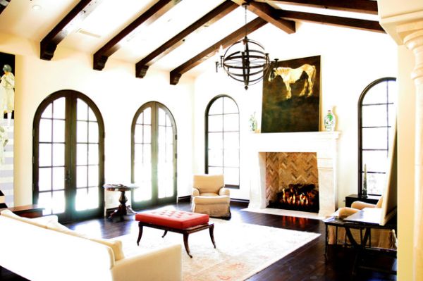 Living Room Decor Appealing Living Room With Frame Decor Beams Ceiling Also Classic Fireplace With Cream Sofa And Tufted Headboard Decoration  Living Decorating Ideas By Using Exposed Beams And Trusses 