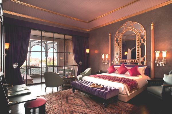 Mirror Placed Wall Appealing Mirror Placed On Grey Wall Inside The Elegant Morrocan Bedroom With Wide Bed And Purple Bench Bedroom  Bedroom Interior For Romantic Valentine’s Day 