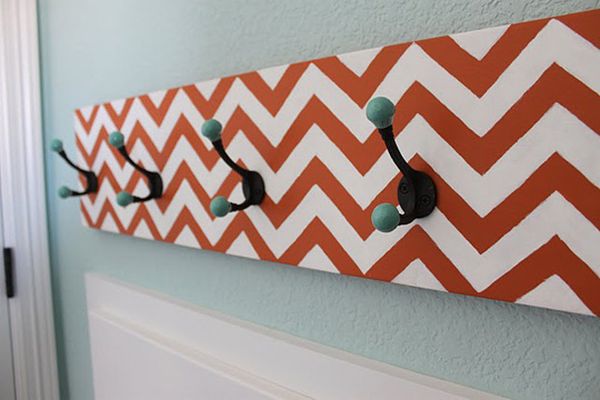 White And Chevron Appealing White And Brown Colored Chevron Coat Rack With Metal Hooks Installed On Light Blue Painted Wall Decoration  DIY Coat Rack Decoration For Beautiful Interior Decoration 