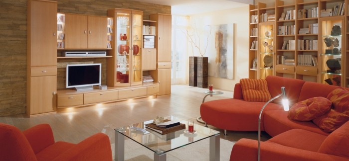 Accent Orange Armchair Astonishing Accent Orange Sofa And Armchair Combined With Rectangular Coffee Table With Glass Top For Modern Living Room Living Room  Living Room Furnished With Ultramodern Wardrobes 