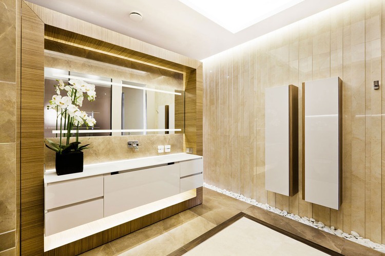 Bathroom Interior White Astonishing Bathroom Interior Design With White Floating Vanity And Backlit Mirror At Shape Art Deco Ng Studio House Designs  Fabulous Modern Classic Interior Design With Luxurious Colour Tone 