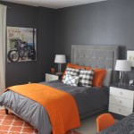 Contemporary Bedroom Wall Astonishing Contemporary Bedroom In Grey Wall Painting Completed With Grey Bed With Accent Orange Duvet And Pillows For Dramatic Touches Decoration  Relaxing Minimalist Kids Room For Perfect House 