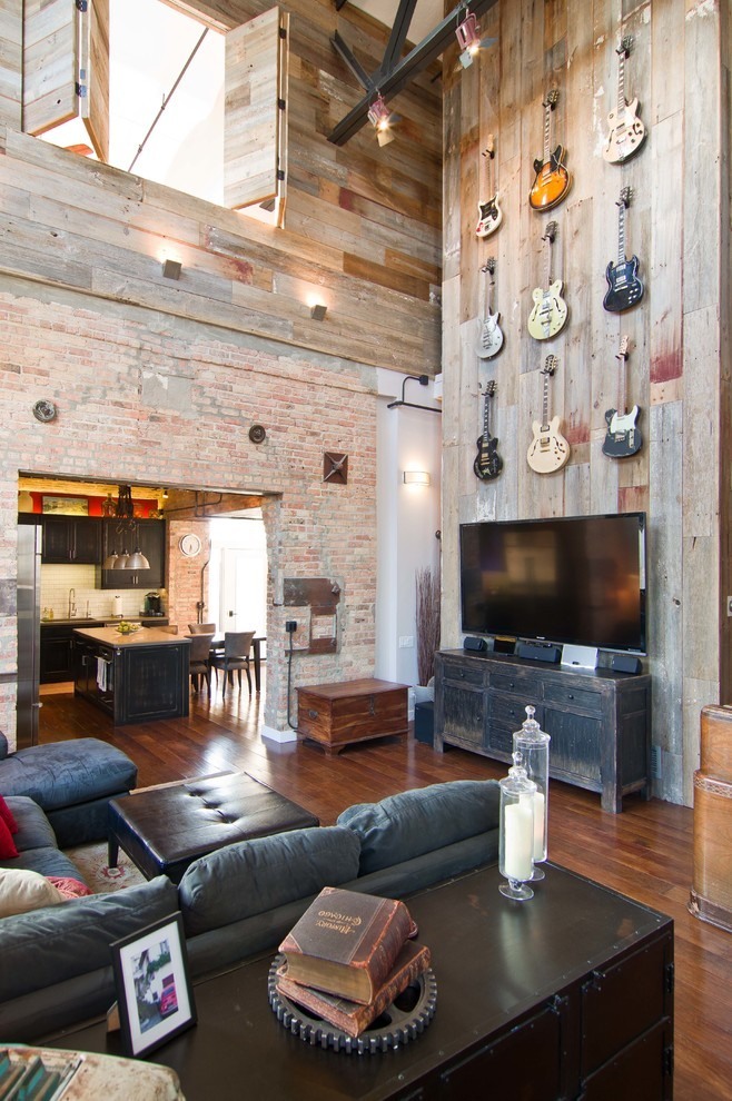 Living Room West Astonishing Living Room Design In West Loop Loft With Black Sectional Sofa Decorated With Guitars On The Plank Wall Interior Design  Rustic Interior Design Intended To Make Mild Atmosphere 