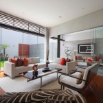 Minimalist Living Of Astonishing Minimalist Living Room Decoration Of Street House With Authentc Rug Under Sectional Sofa With Recliner And Red Cushions Also Tropical Flowers  Contemporary Home Design With Minimalist Airy Interior 