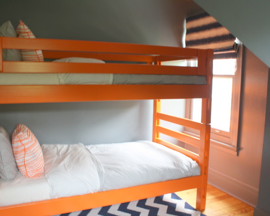 Grey Bedroom Floor Astounding Grey Bedroom With Wooden Floor Furnished With Simple Bunk Bed In Orange And Zigzag Patterned Rug Decoration  Relaxing Minimalist Kids Room For Perfect House 