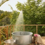 Outdoor Bathing Of Astounding Outdoor Bathing Space Design Of French Riviera Hotel With Silver Colored Stainless Bathtub And Silver Shower Decoration  Traditional Cottage Theme And Ideas Embraced By Nature 