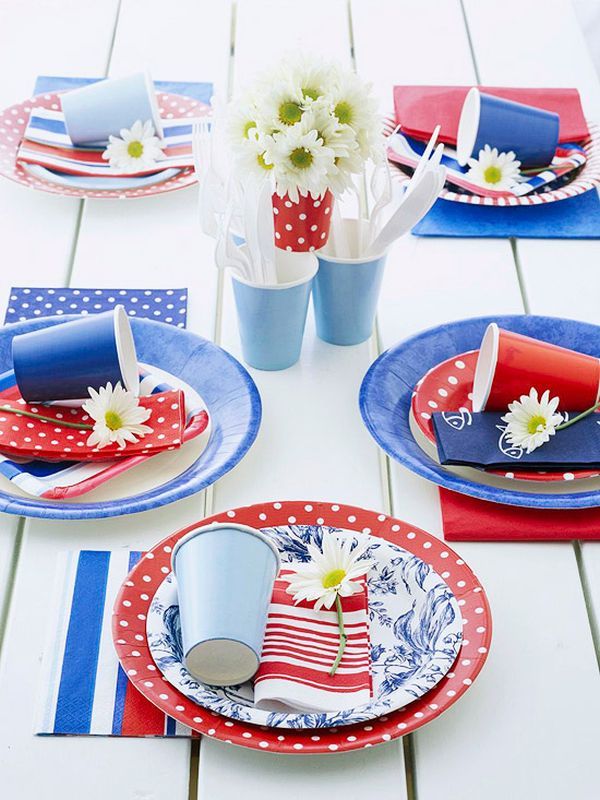 Polka Table With Astounding Polka Table Decor Design With White Colored Wooden Table And Several Plates Which Have Red And Blue Colors Decoration  Independence Day Decor Themes To Celebrate Annual Event In Joy 