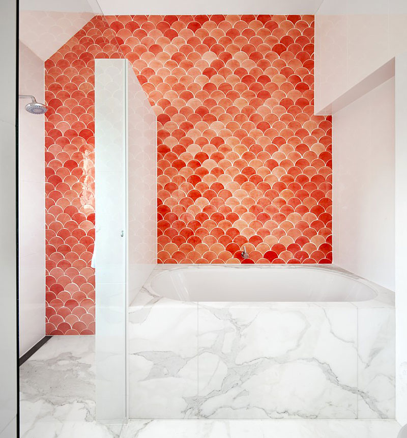 Honiton Residence In Attracting Honiton Residence Bathroom Wallpaper In Orange Bubble Patterns White Ceramic Bath Shower Stall And Wall Residence Luxurious Contemporary Home In Australia With A Stylish Design
