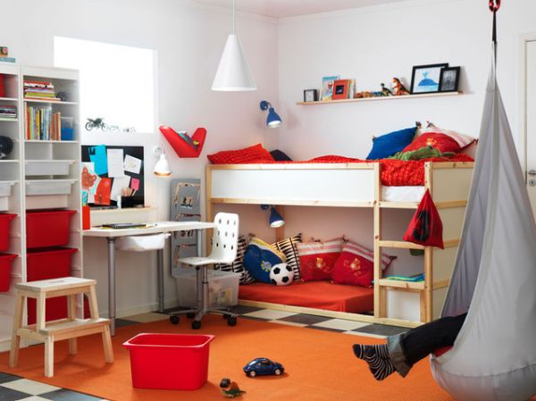 Playroom Decor Hanging Attractive Playroom Decor Ideas With Hanging Chair And Bunk Bed Decorated With Red Buckets And White Learning Desk Decoration  Indoor Hanging Chair For Relaxation Time And Room Decoration 