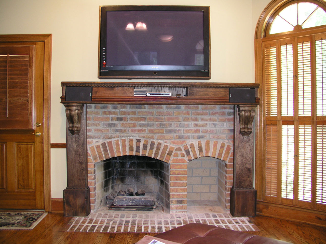 Brick Wooden Mantel Awesome Brick Wooden Frame Fireplace Mantel Designs Ideas Finished With LCD TV For Fireplace Design Made From Brick Decoration  Fireplace Mantel Designs With Rustic Contemporary Style 