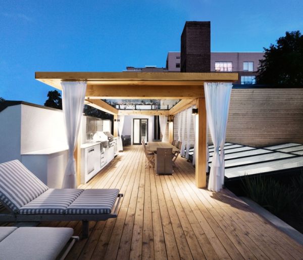 View Of On Awesome View Of White Canvas On A Green Roof Residence Terrace Completed With Wooden Pergola And Beach Chairs Garden  Roof Garden Brings Harmony Sensation In Montreal 