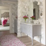 At Traditional Floral Bathroom At Traditional House Applied Floral Wallpaper Also Frameless Wall Mirror Bathroom  Modern Vanity Dresser For Various Room Themes 