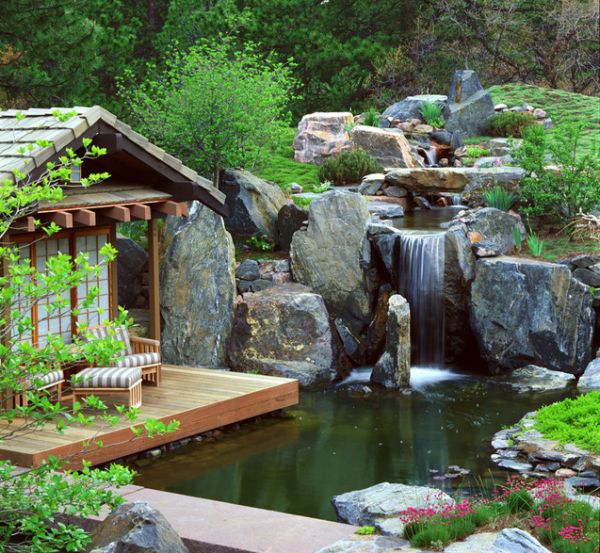 Backyard Patio Waterfall Beautiful Backyard Patio Design Including Waterfall Down To Pond Completed With Open Space Lounge Corner With Lounger And Coffee Table Garden  Backyard Garden Waterfalls As Beautiful Garden Landscaping 