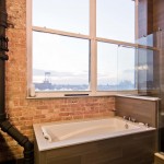 Industrial Bathroom With Beautiful Industrial Bathroom Interior Design With Exposed Brick Wall In West Loop Loft With Geometrical Bath Tub  Rustic Interior Design Intended To Make Mild Atmosphere 