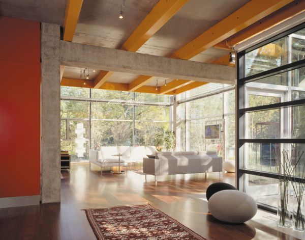 Industrial House With Beautiful Industrial House Interior Ideas With Concrete And Beams Ceiling Ideas Applied Wood Floor With Carpet Runner Decoration  Living Decorating Ideas By Using Exposed Beams And Trusses 