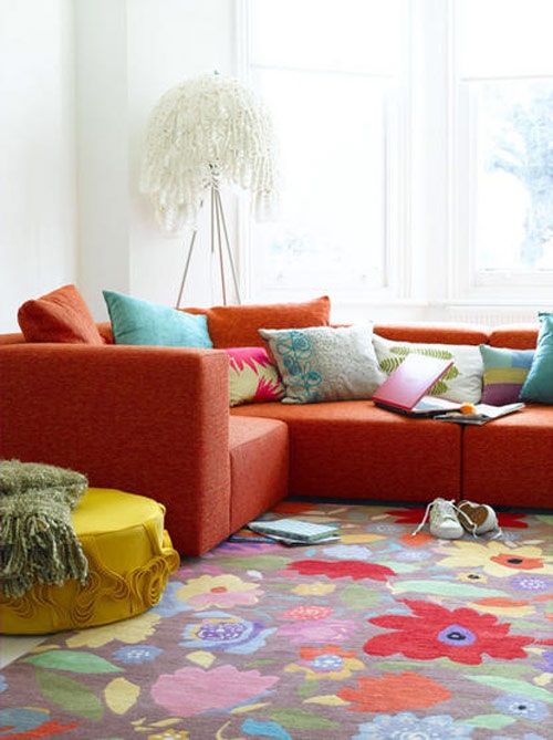 White Interior Minimalist Beautiful White Interior Style Modern Minimalist Orange Sofa Creates Bright Effects With Colorful Rug And Cushion Design Furniture  Amazing Orange Sofa For Innovative House 