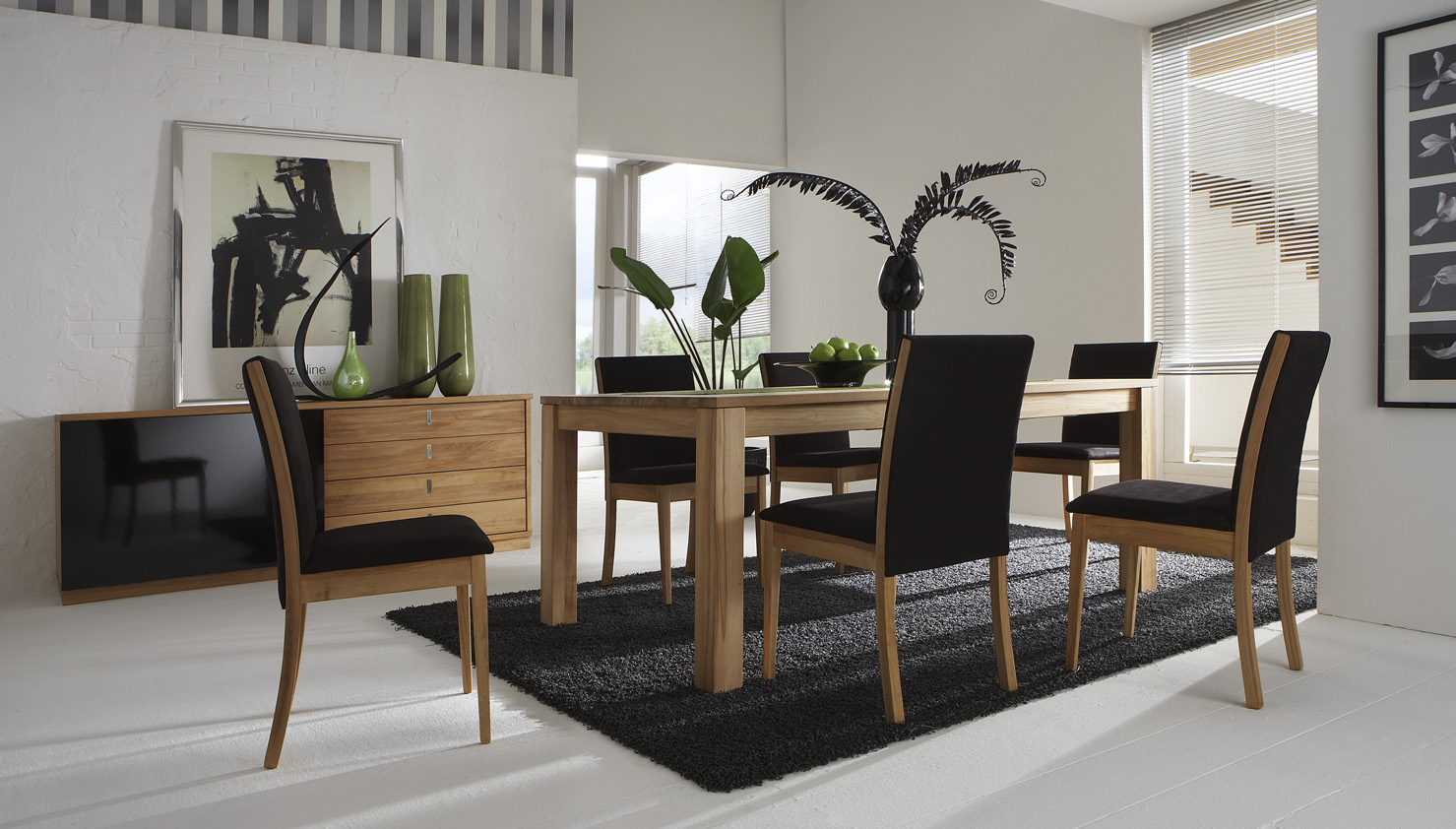 Shag Area Lovely Black Shag Area Rug Also Lovely Potted Plants Decor In Modern Dining Room Idea And Long Buffet Design Dining Room Modern Dining Room In Stylish And Artistic Design