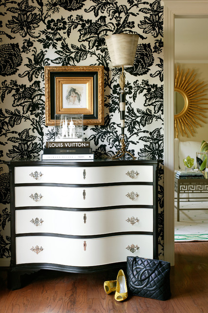 And White With Black And White Dresser Manufactured With UNique Curved Facade Displaying Wood Framed Portrait Decoration  Stylish Dresser Design To Decorate Room Design 