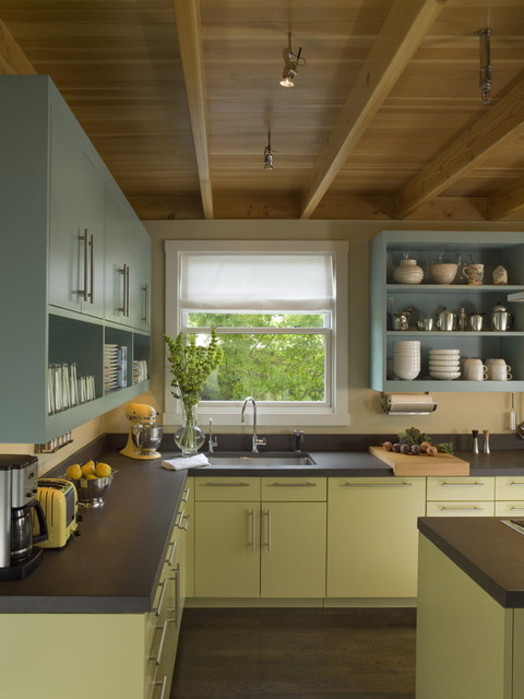 And Yellow In Blue And Yellow Kitchen Cabinets In The Kitchen Under Wooden Ceiling And Glass Window Kitchen  Colorful Painted Kitchen Cabinets Of Eclectic Kitchen 