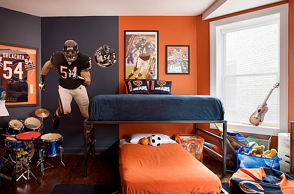 And Orange Bold Blue And Orange Make A Bold Statement In The Room Equipped With Wooden Flooring Unit With Orange Bedding Unit Idea Decoration  Sport Wall Mural Theme In Various Ideas 