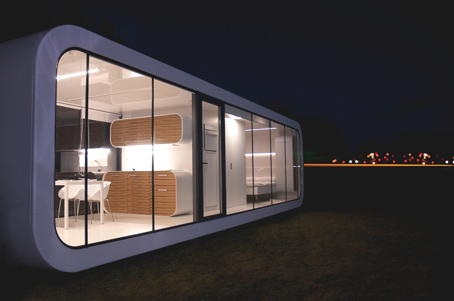Design Of With Breathtaking Design Of Mobile Home With Transparent Wall Which Is Made From Glass Panels And Bright Cream Lighting Inside House Designs  Inspiring Minimalist Studio Built In Large Green Lawn 