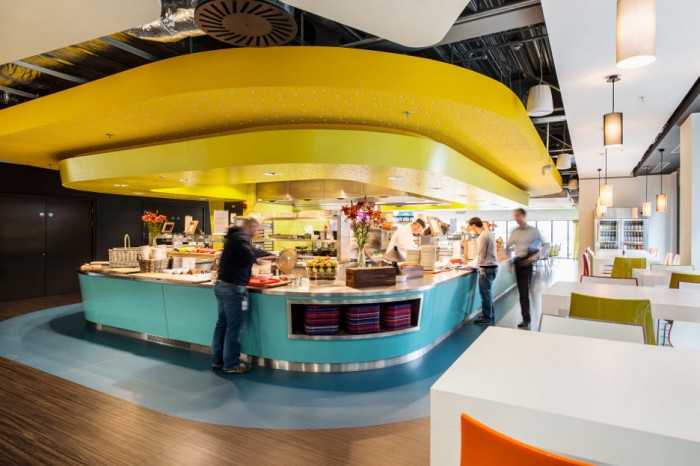 Google Office In Breathtaking Google Office Cabin Design In Yellow Ceiling To Match With Blue Finished Island And Accent White Dining Space Office  Updated Office In Uplifting Design 