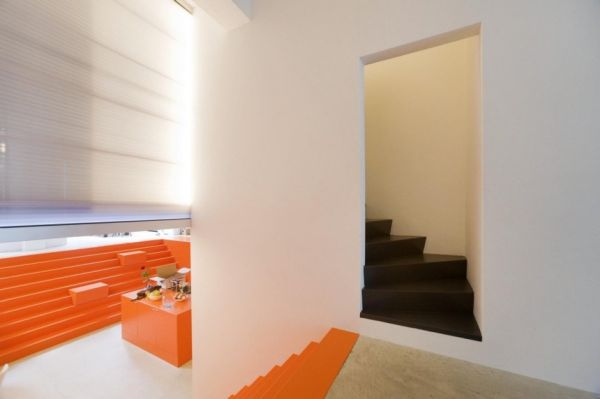 Hall Space Former Breathtaking Hall Space Design Of Former Ambulance Garage With Dark Brown Colored Staircase And White Wall Made From Concrete Interior Design  Modern Home Design From Old Building In Orange Interior 