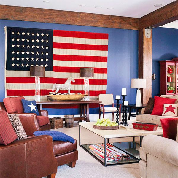 Wall Flag With Breathtaking Wall Flag Display Design With Blue Colored Wall Which Is Made From Concrete And Dark Brown Colored Wooden Pergola Decoration  Independence Day Decor Themes To Celebrate Annual Event In Joy 