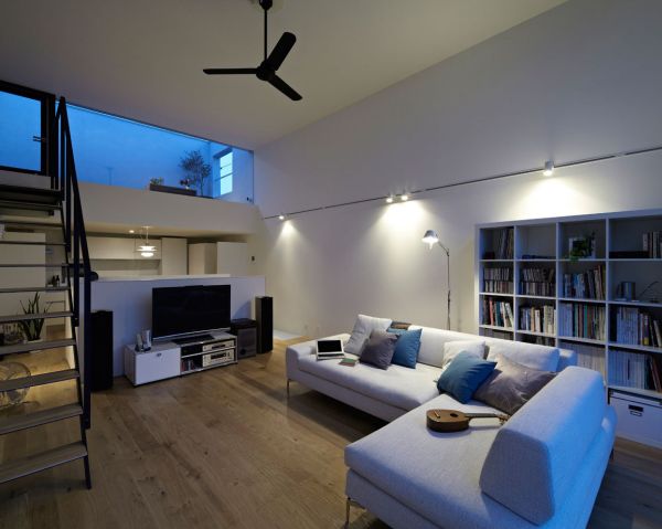 Lighting Completing House Bright Lighting Completing Japan Cube House Interior With White Bookshelves And Black Propeller Hanged On White Ceiling Architecture  Modern Simple House In Ecological Building Construction 