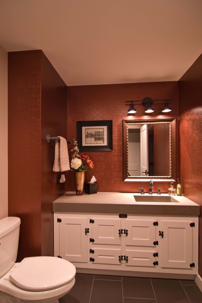 Bathroom Design Vanity Brilliant Bathroom Design With White Vanity And Maroon Patterned Tile Backdrop In Industrial West Loop Loft Interior Design  Rustic Interior Design Intended To Make Mild Atmosphere 