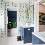 Bathroom Interior Blue Brilliant Bathroom Interior Design With Blue Vanities Used Granite Top In Eclectic Residence Refined Applied Floral Wallpaper Interior Design Eclectic House Interior With Fancy Colors And Furnishing