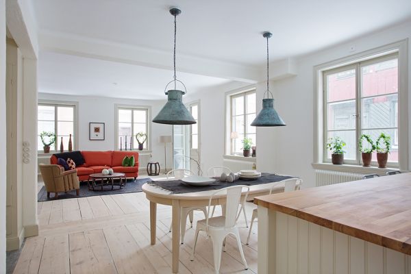 Dining Space Industrial Brilliant Dining Space Design Of Industrial Touch Apartment Sweden With Several White Colored Chairs And Soft Grey Pendant Lamps Cover Decoration  Industrial Decor Ideas Completed With Colorful Tones 