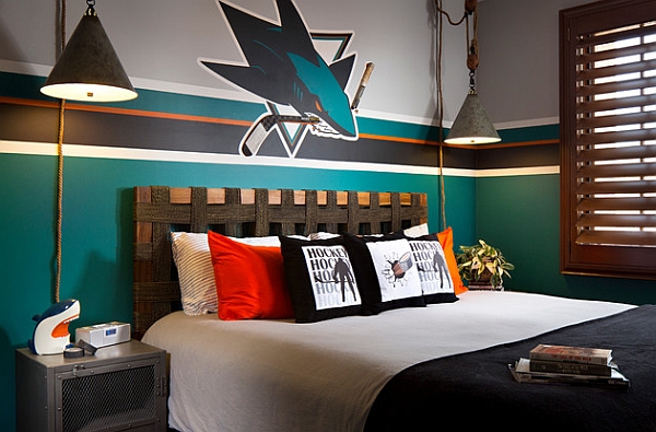Ice Hockey In Brilliant Ice Hockey Wall Mural In The Bedroom Finished With Modern Bedroom Decorating Ideas And Wooden Window Design Idea Decoration  Sport Wall Mural Theme In Various Ideas 